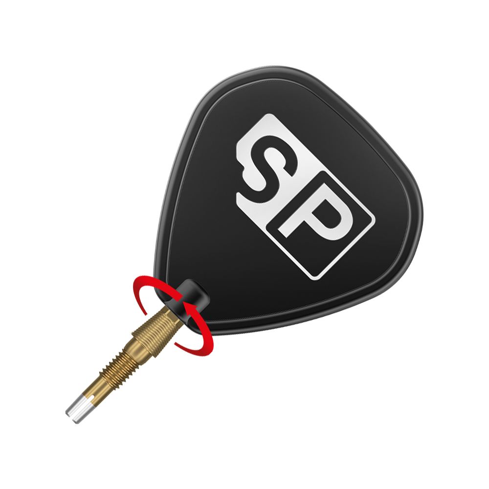 340086_Target_Swiss_Storm_Nano_Point_Dartspitzen_Gold_3_SP Das Bild zeigt eine goldene Dartspitze mit einem schwarzen Flight, auf dem die Buchstaben "SP" stehen. Ein roter Pfeil deutet auf eine Drehbewegung an der Verbindung zwischen Spitze und Flight hin.