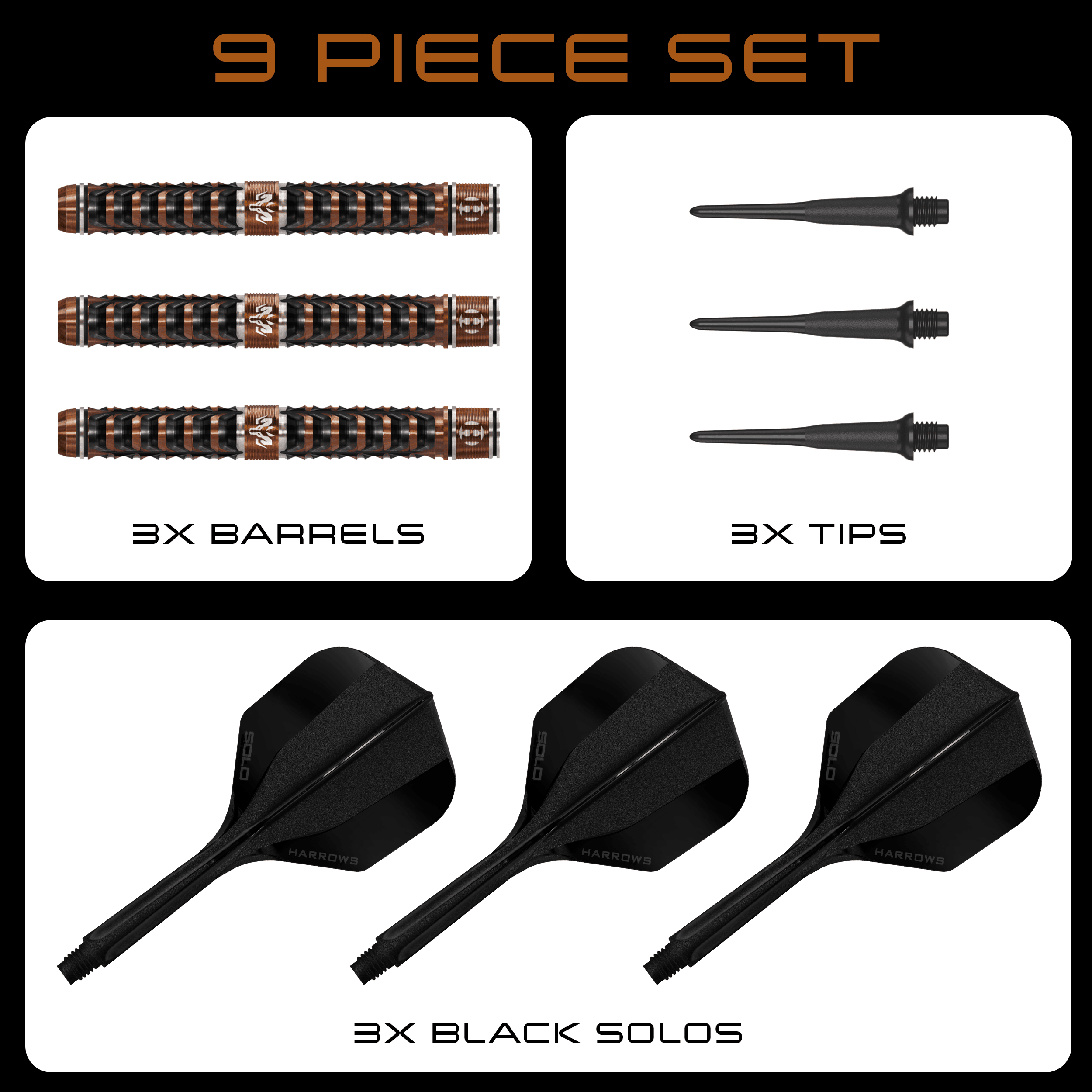 Harrows Tungsten Trinity soft darts Abgebildet ist das Produkt Harrows Wolfram Trinity Softdarts. Die Darts sind deutlich in ihrer Struktur und Farbe erkennbar.