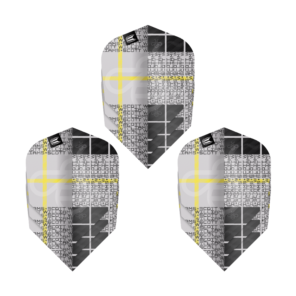 Das Bild zeigt drei Sets der Target Pro Ultra Scott Williams GEN2 No6 Flights. Die Flights sind in einem modernen Design mit Schwarz, Weiß und Gelb gehalten.