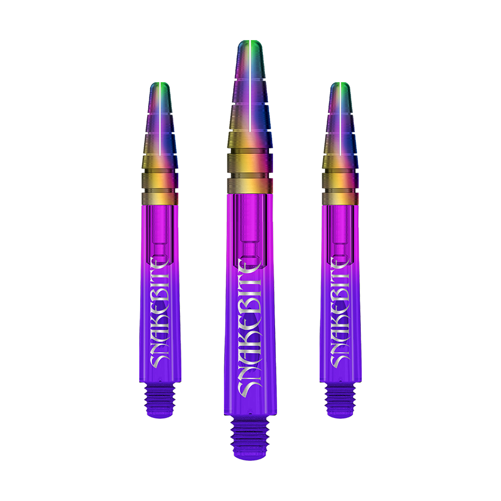 C793_Red_Dragon_Nitrotech_Peter_Wright_Purple_Ionic_Shafts_39mm_1 Das Bild zeigt drei farbenfrohe Dartschäfte in Lila mit dem Aufdruck "Snakebite". Die Schäfte haben einen schimmernden, regenbogenfarbenen oberen Bereich.