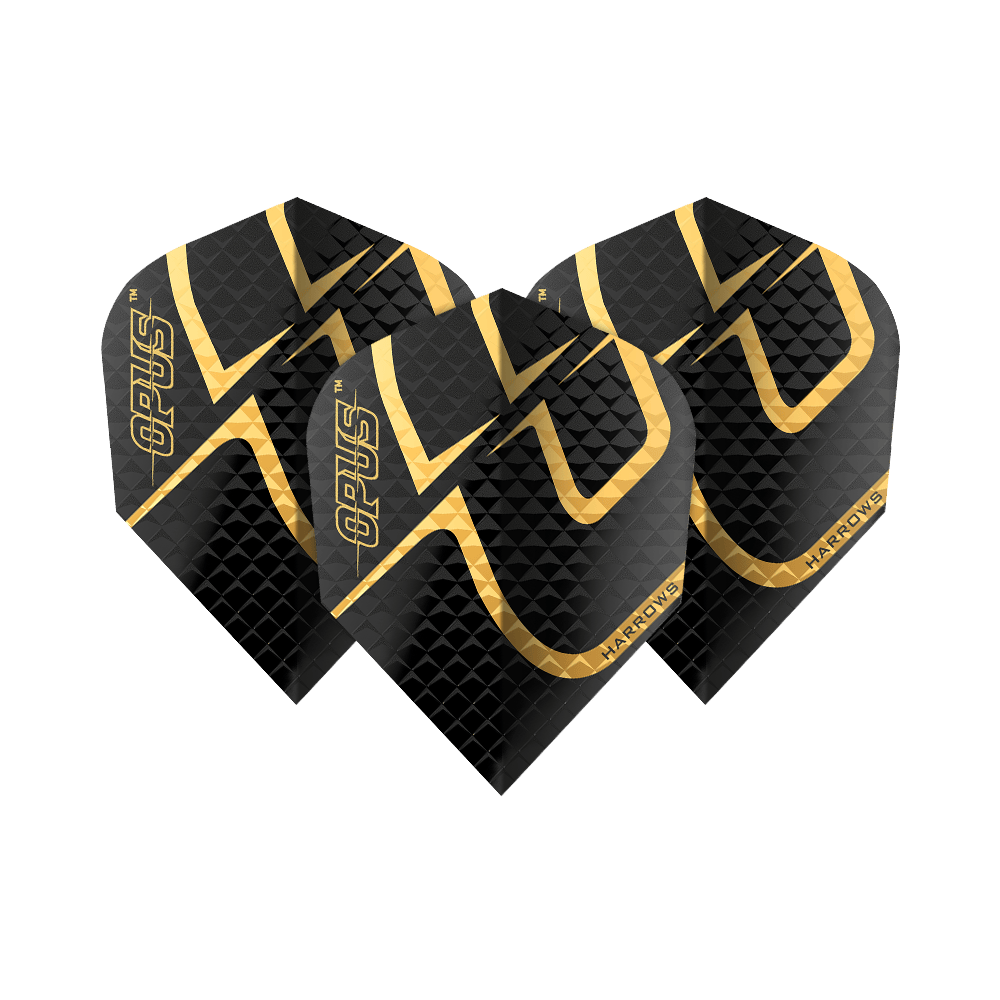 Harrow's Opus Version 2 Flights Das Bild zeigt die Harrows Opus Version 2 Flights, die für Dartpfeile verwendet werden. Sie sind schwarz mit einem goldenen Muster und dem Schriftzug "Opus" und "Harrows" darauf.