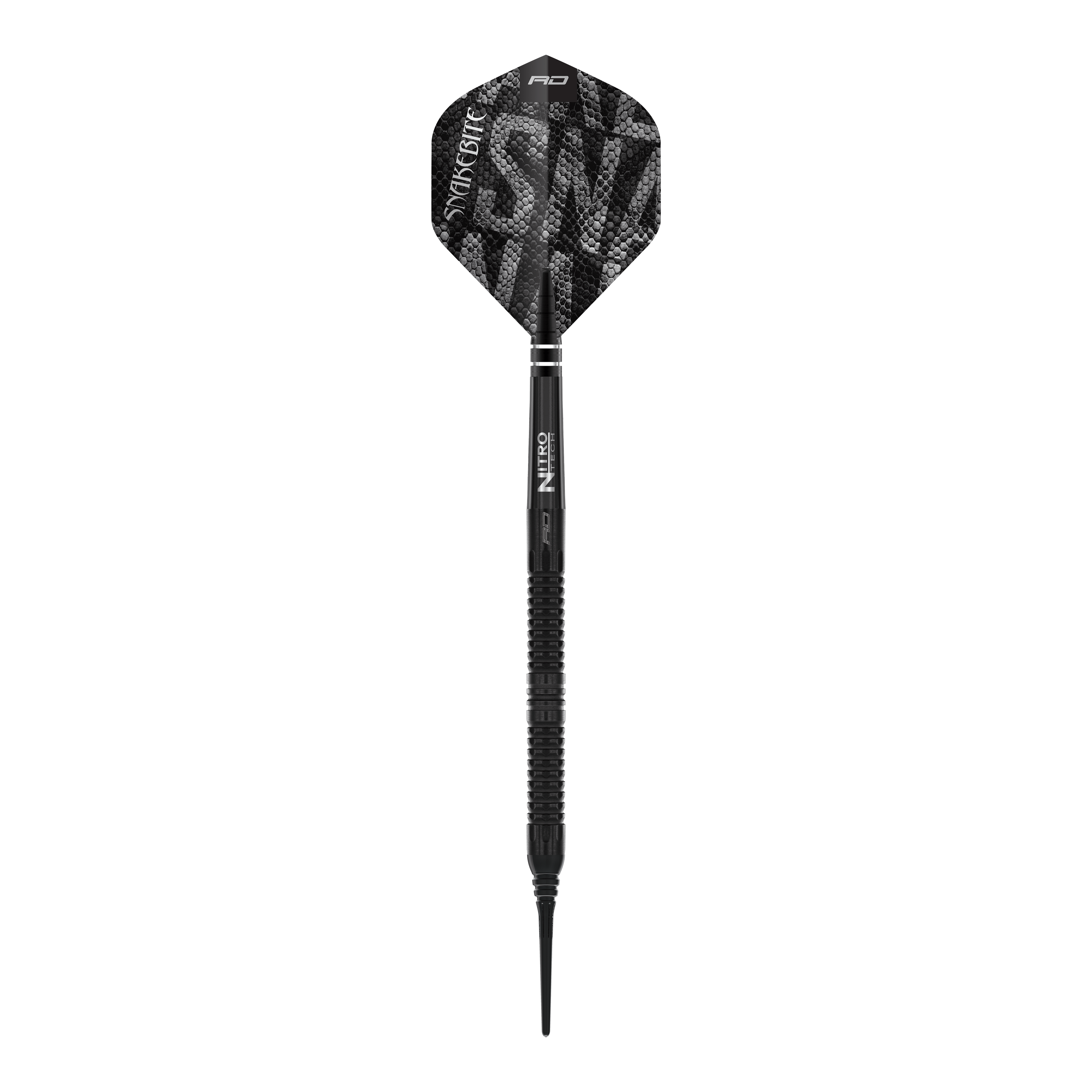 Red Dragon Peter Wright Snakebite Black Mamba Softdarts - 20g. Abgebildet ist ein Detail des Softdarts-Designs in Schwarz.