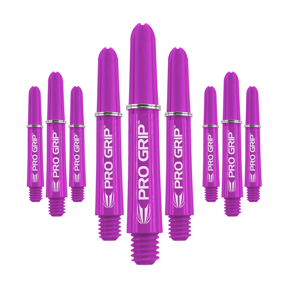 Target Pro Grip Shafts - 3 Sets - Purple Das Bild zeigt neun lilafarbene Dartschäfte mit der Aufschrift "PRO GRIP". Sie sind in einer Reihe angeordnet und haben kleine silberne Ringe.