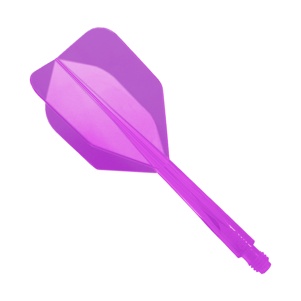 Condor Ax Purple Flight System Small - XL - 37.5 mm Das Bild zeigt ein lilafarbenes Dart-Flightsystem mit integriertem Schaft. Es handelt sich um das Modell "Condor Axe Purple Flight-System Small - XL - 37,5 mm".