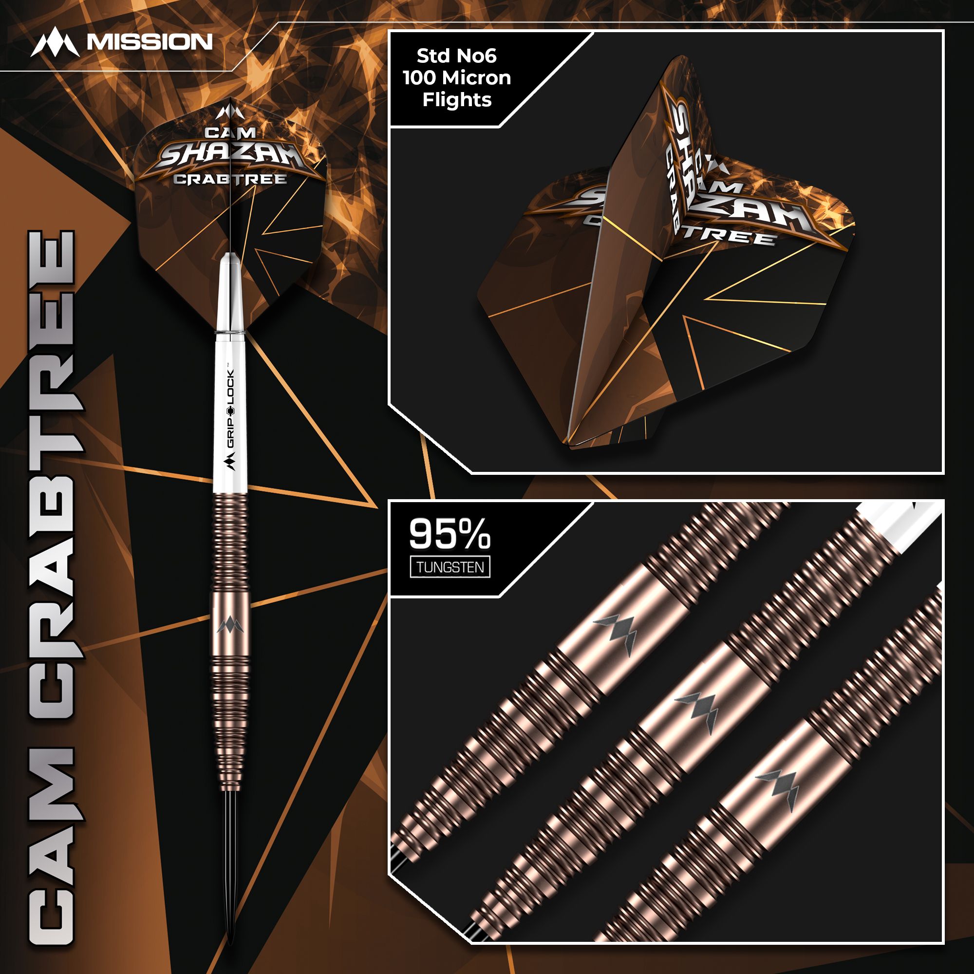 Abgebildet ist die Mission Cam Crabtree V2 Steeldarts, Modell 2. Fokus liegt auf einem einzelnen Dartpfeil aus dem Set.