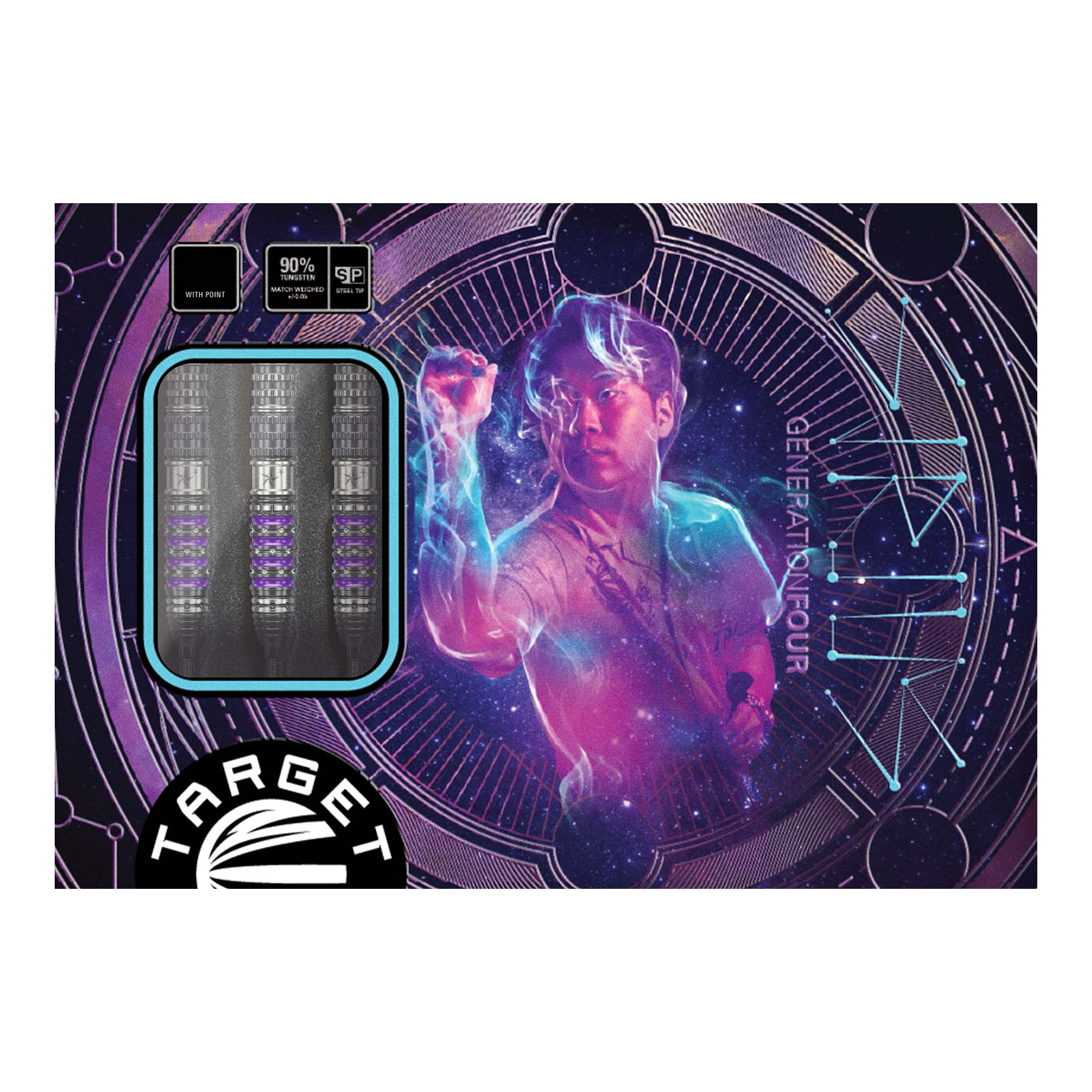 Target Japan Prime Series Sirius GEN4 Swiss Point Steel Darts Die Abbildung zeigt die Verpackung der "Target Japan Prime Series Sirius GEN4 Swiss Point Steeldarts". Auf dem Cover ist ein farbenfrohes, futuristisches Design mit einer Person und drei Darts zu sehen.