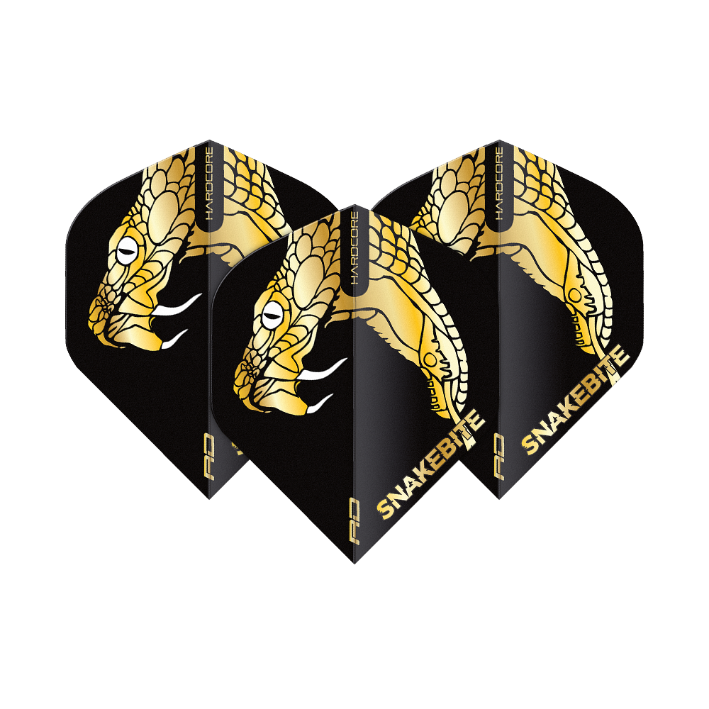 TF6837_Red_Dragon_Hardcore_Premium_Peter_Wright_Snakebite_Gold_Snake_Standard_Flights_1gNJjrSuf2frlq Das Bild zeigt drei schwarze Dart-Flights mit einem goldenen Schlangenkopf-Design. Auf den Flights steht das Wort "SNAKEBITE" in goldenen Buchstaben.