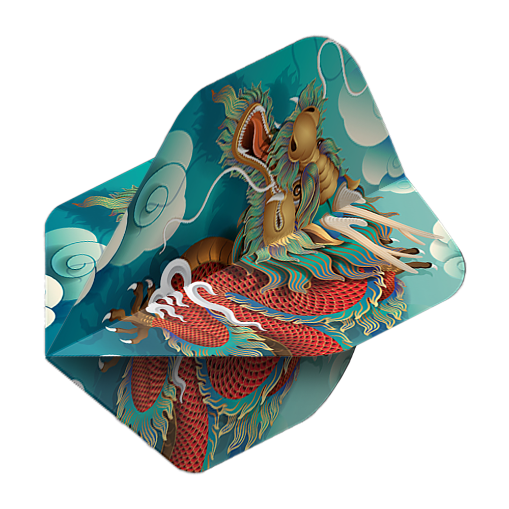 Pentathlon Flights Dragon Das Bild zeigt ein Dartflight mit einem farbenfrohen Drachenmotiv auf blauem Hintergrund. Es handelt sich um das Produkt "Pentathlon Dragon 5 Standard Flights".