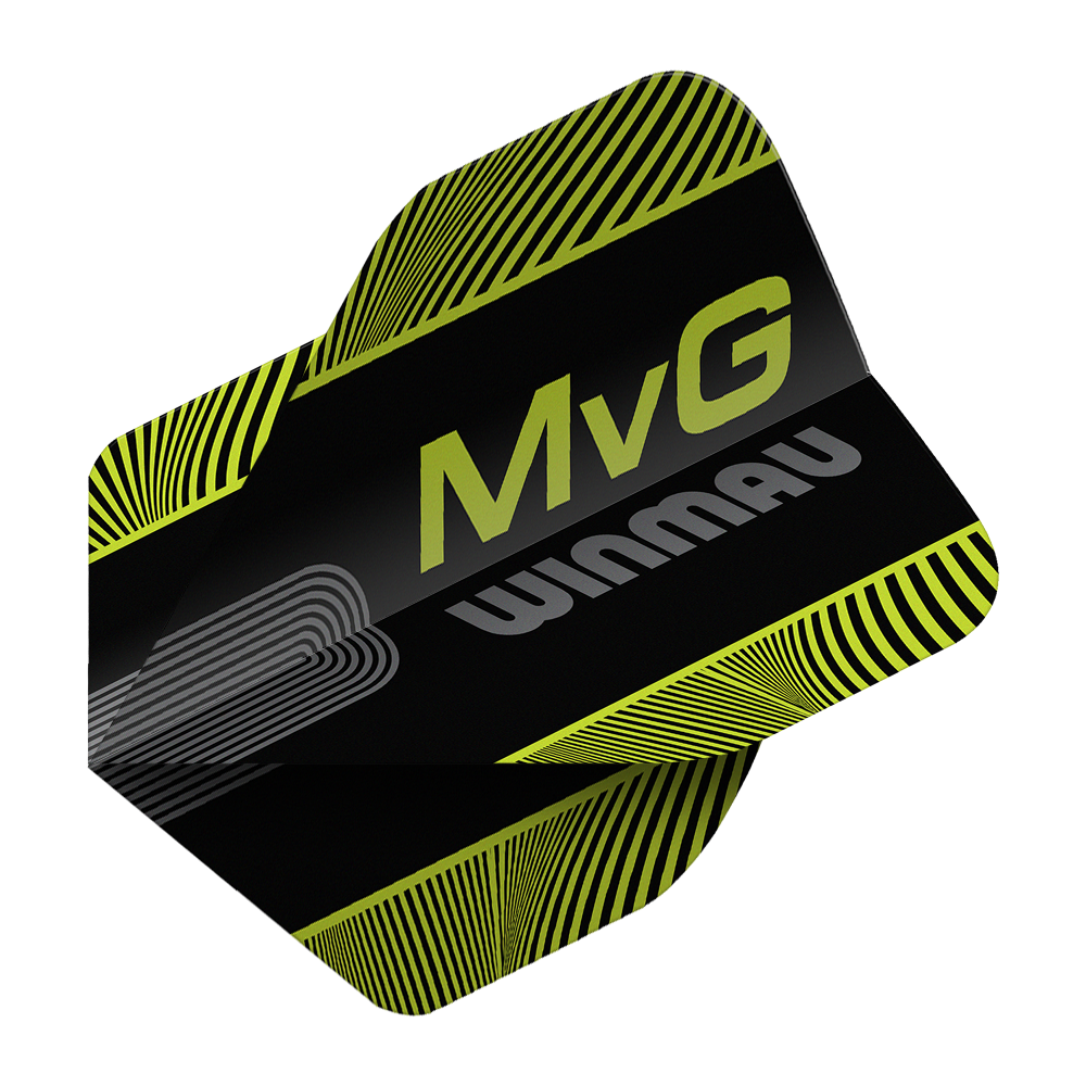 Winmau Prism Delta MvG Black Green Text No2 Standard Flights Abgebildet sind die Winmau Prism Delta MvG Black Green Text No2 Standard Flights. Diese Dart-Flights haben ein schwarzes und grünes Farbmuster mit Schriftzug.