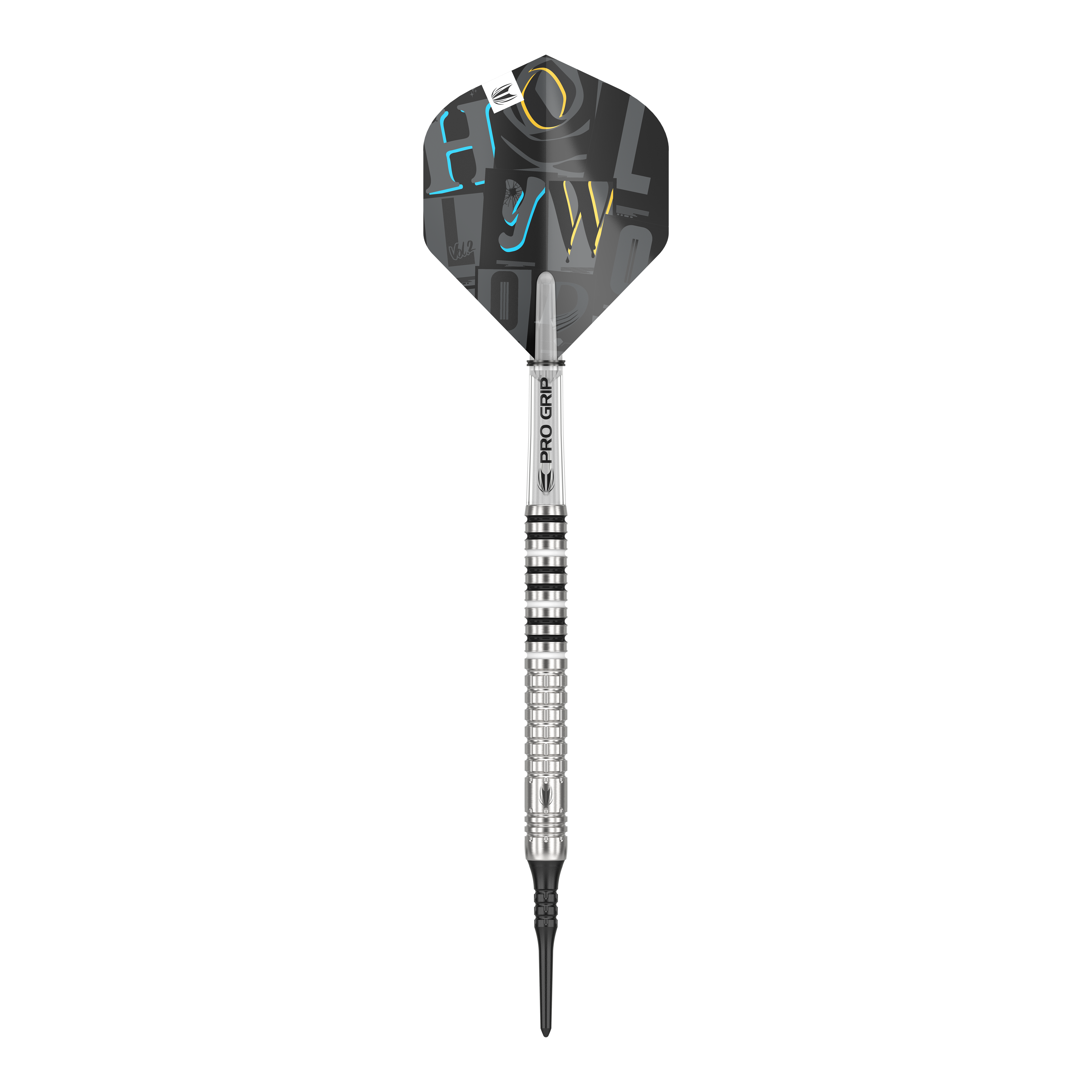 Target Chris Dobey GEN1 Softdarts - 19g Das Bild zeigt einen Target Chris Dobey GEN1 Softdart mit einem Gewicht von 19g. Der Dart hat ein silbernes Barrel mit Rillen und einen schwarzen Flight mit bunten Buchstaben.