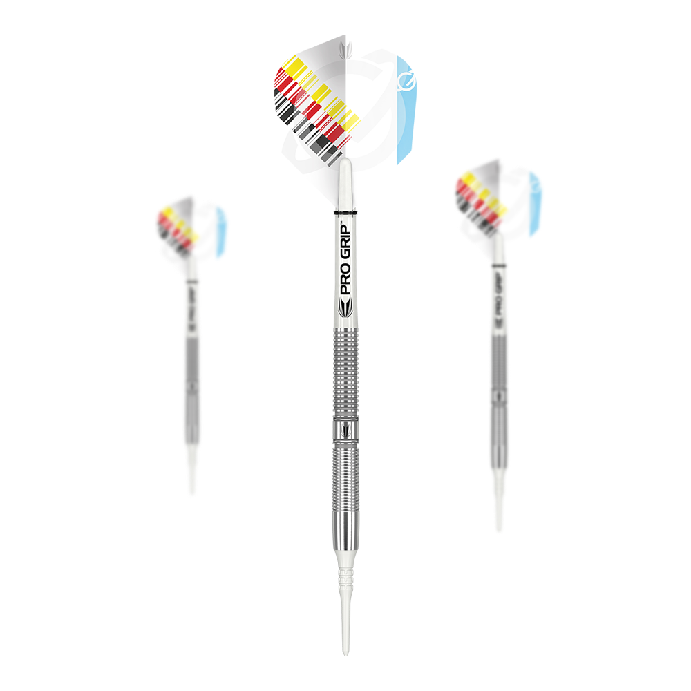 Target Gabriel Clemens Generation One Softdarts Das Bild zeigt drei Target Gabriel Clemens Generation One Softdarts. Die Darts haben silberne Griffe und Flights mit einem bunten Streifenmuster.