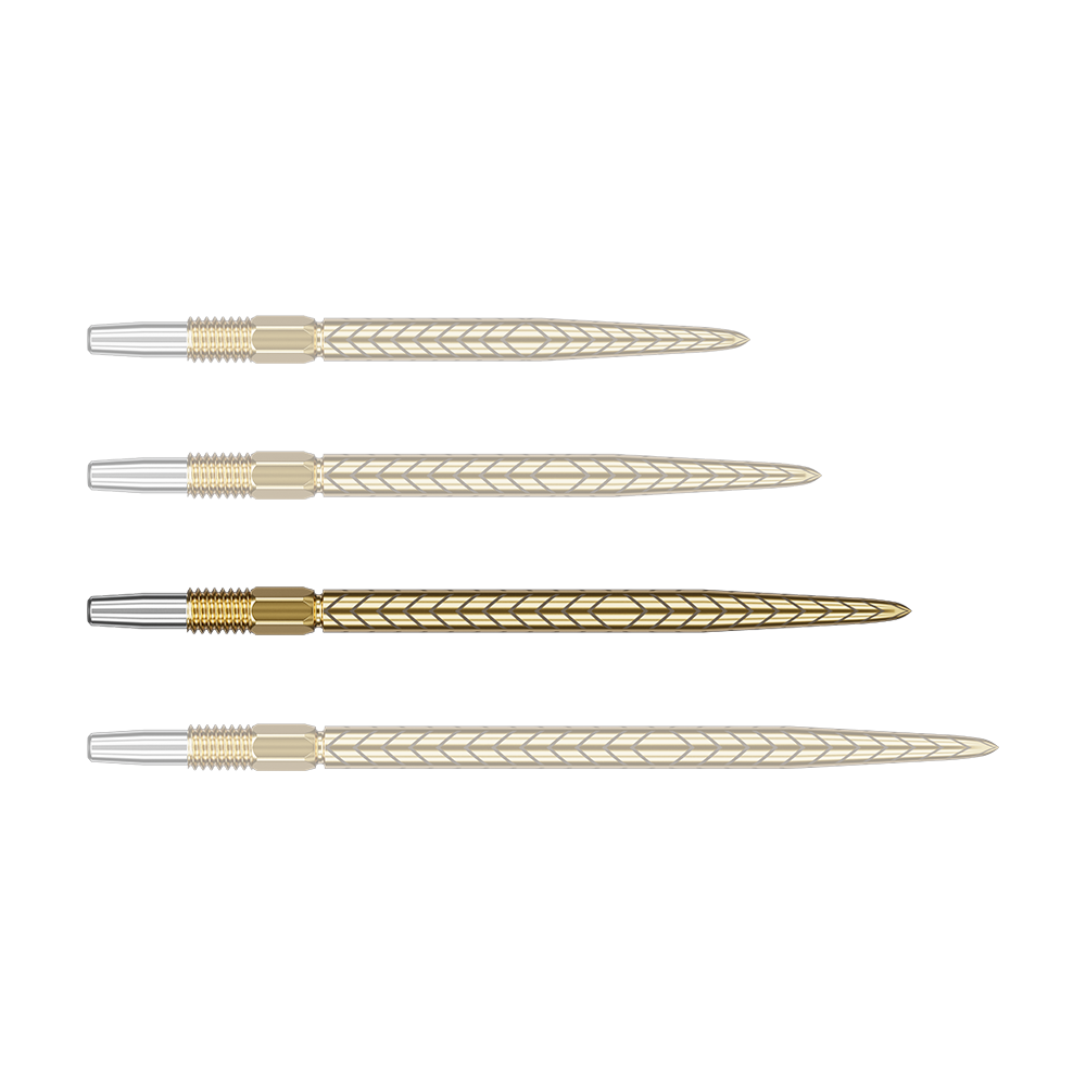 Target Swiss Point RVE dart tips - Gold Alle Dartspitzen sind goldfarben und werden einzeln nebeneinander gezeigt. Die Oberfläche der Spitzen wirkt glatt.