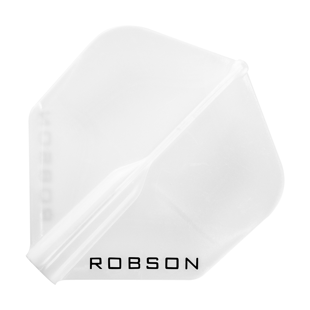 Das Bild zeigt ein weißes Dart-Flügelblatt mit der Aufschrift "ROBSON". Es hat eine klassische, standardmäßige Form und ist durchsichtig.