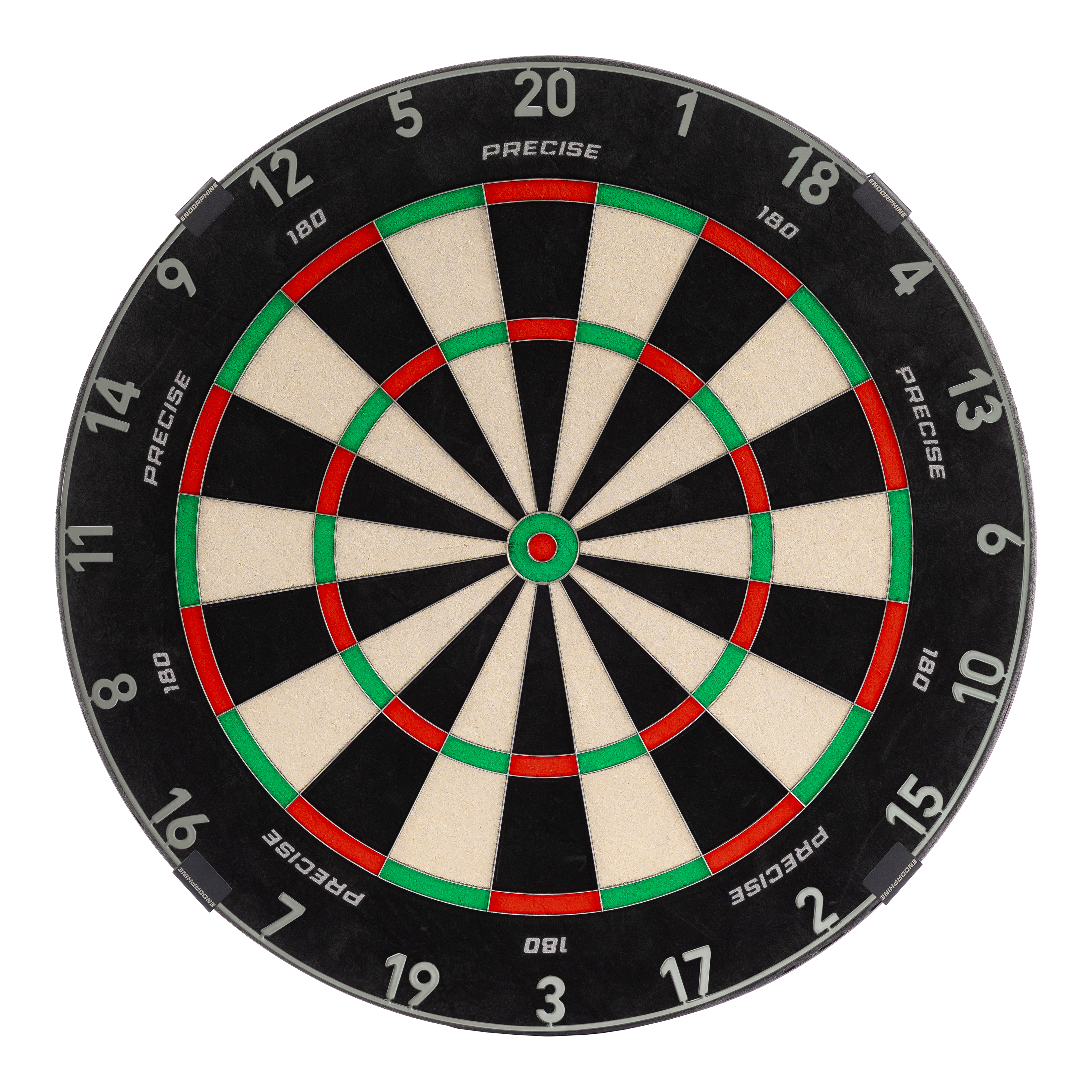 Hier ist das Precise 180 Endorphine Steeldartboard mit Nummernring in Nordic Grey zu sehen. Das Dartboard eignet sich ideal für professionellen und privaten Gebrauch.
