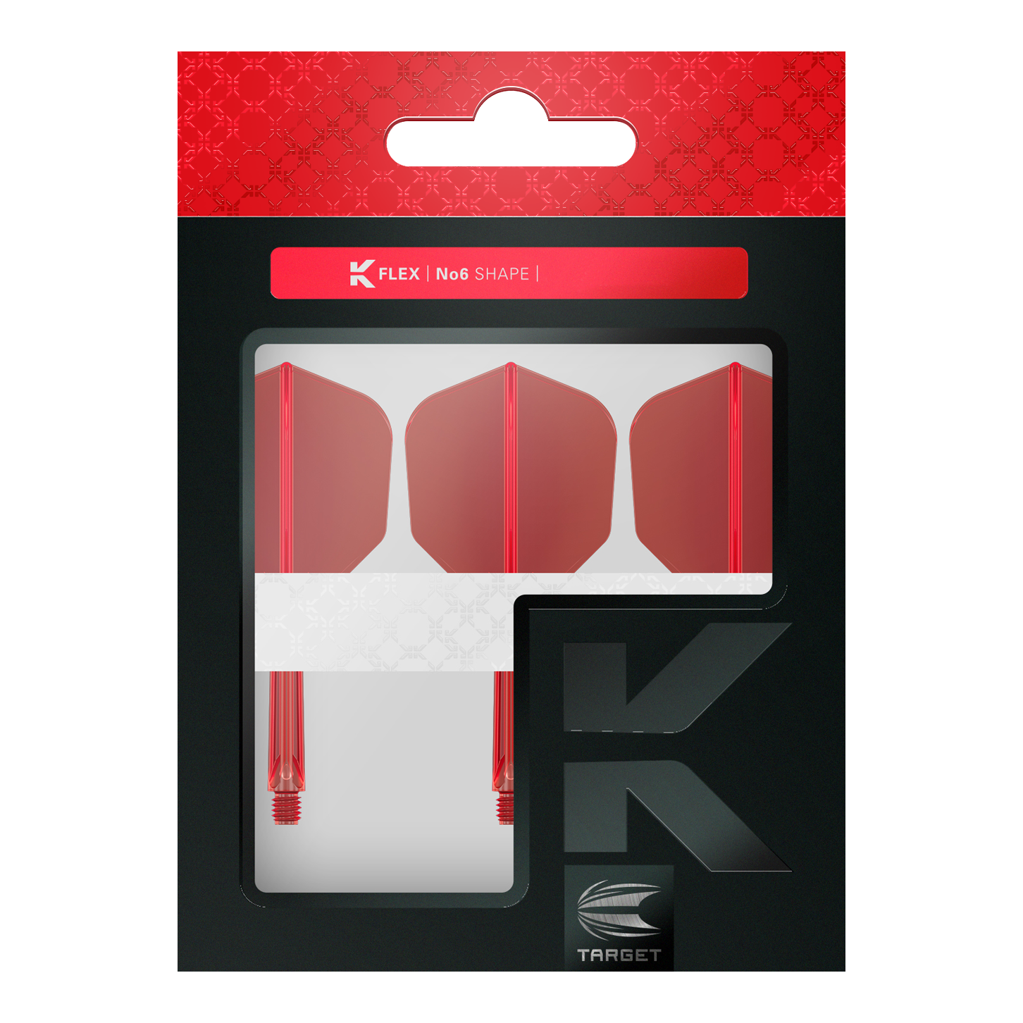 Target K-Flex No6 Flight System - Red Das Bild zeigt eine Verpackung mit drei roten Dartflights und -shafts. Auf der Verpackung steht "K FLEX No6 SHAPE" und sie hat ein modernes Design mit Rot und Schwarz.
