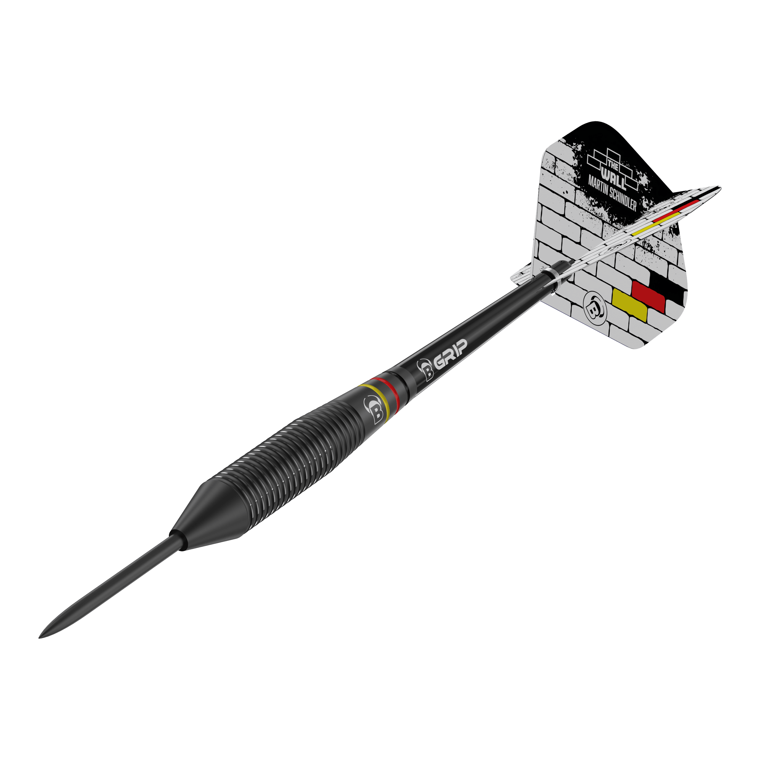 Bulls Martin Schindler The Wall Black Brass Steeldarts Auf dem Bild ist ein schwarzer Steeldart mit der Aufschrift "Bulls Martin Schindler The Wall Black Brass Steeldarts" zu sehen. Die Flights zeigen ein Ziegelsteinmuster mit Schwarz-Rot-Goldenen Akzenten.