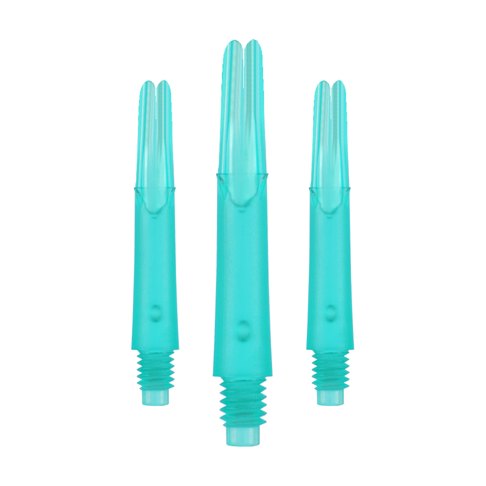 Das Bild zeigt drei türkisfarbene Dartshafts aus Kunststoff in einer Reihe. Sie haben ein gerades Design und sind unten mit einem Gewinde versehen.