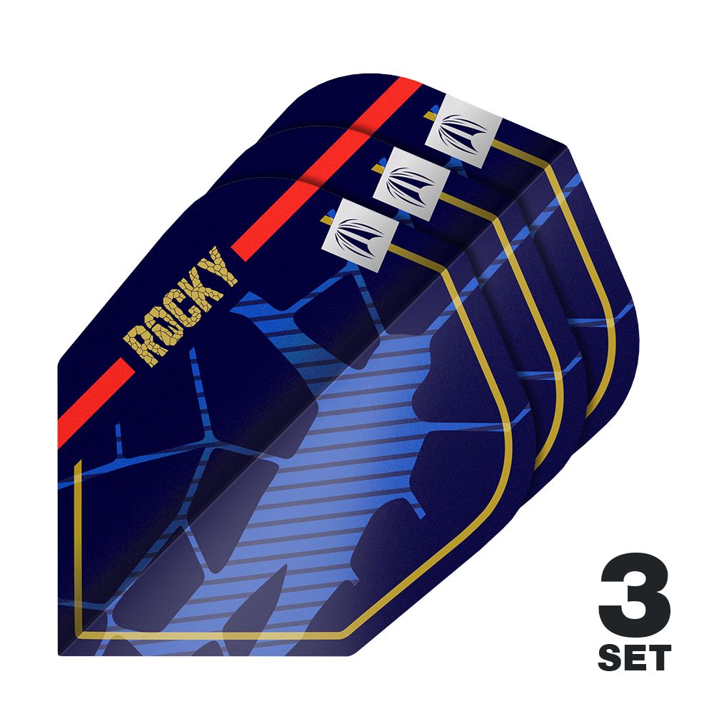 Target Pro Ultra Josh Rock GEN1 No6 Flights - 3 Sets Das Bild zeigt drei Sätze der Target Pro Ultra Josh Rock GEN1 No6 Flights. Die Flights sind dunkelblau mit goldenen, roten und blauen Designelementen sowie dem Schriftzug "ROCKY".