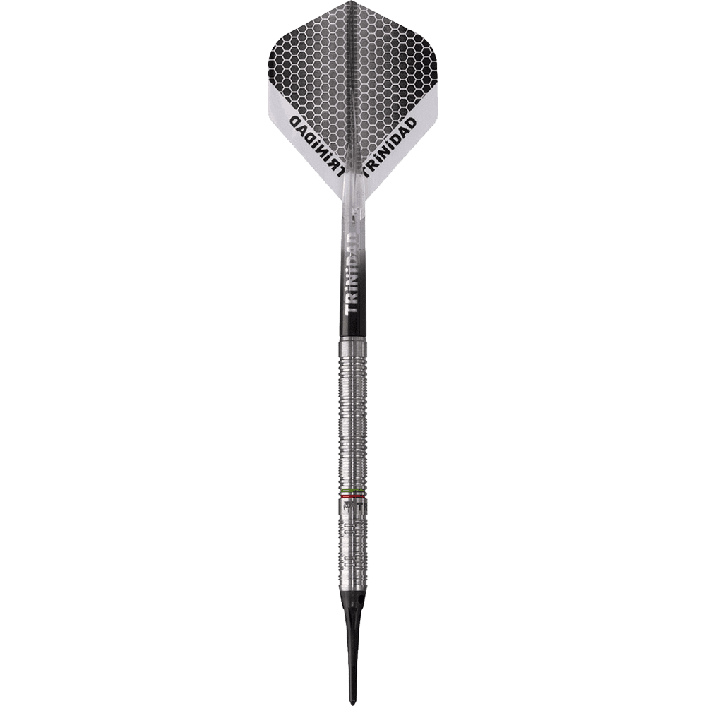 D7622_Trinidad_Jose_De_Sousa_Type_3_Softdarts_1gtmMkGZGUtt2G Das Bild zeigt den Trinidad Jose De Sousa Type 3 Softdart mit einem Gewicht von 18g. Der Dartpfeil hat ein silbernes Barrel und eine Flight mit Wabenmuster und der Aufschrift "TRINIDAD".