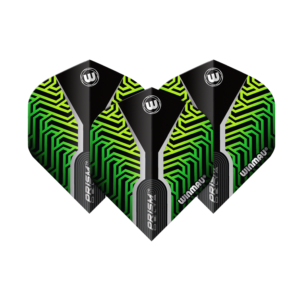 Winmau Prism Delta Kairos No2 Standard Flights Green Das Bild zeigt drei Dart-Flights des Modells "Winmau Prism Delta Kairos No2 Standard" in Grün. Die Flights haben ein auffälliges Muster in Grün und Schwarz mit weißen Akzenten und dem Winmau-Logo.