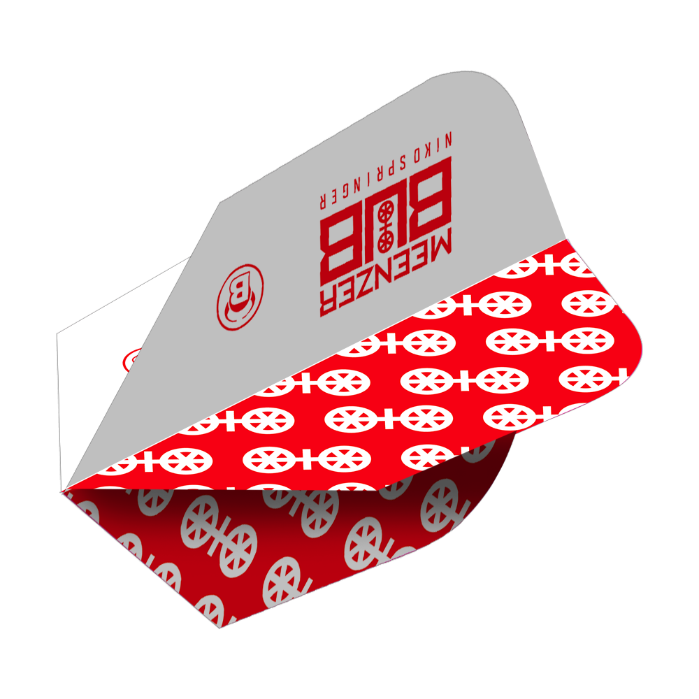 Das Bild zeigt ein Bulls X-Powerflite Niko Springer XXL B-Standard Flight für Dartpfeile. Das Flight ist in Grau und Rot gestaltet und mit auffälligen Mustern sowie dem Namen des Spielers bedruckt.