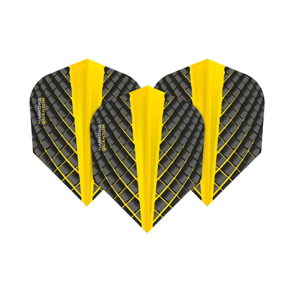 HR6809_Harrows_Quantum_Gelb_No6_Flights_1HPu4XqgIUNpuN Das Bild zeigt drei Harrows Quantum Gelb No6 Flights für Dartpfeile. Sie sind schwarz-gelb gemustert mit einem auffälligen Rautenmuster.