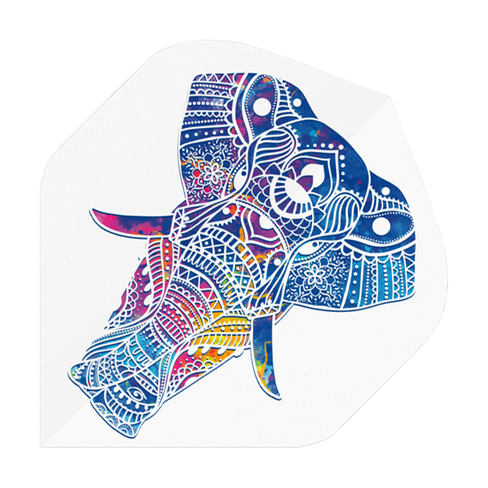 P74_Pentathlon_Metro_Elephant_Standard_Flights_1 Das Bild zeigt ein Dartflight mit einem bunten, kunstvoll verzierten Elefantenkopf als Motiv. Der Hintergrund ist weiß und das Produkt heißt "Pentathlon Metro Elephant Standard Flights".