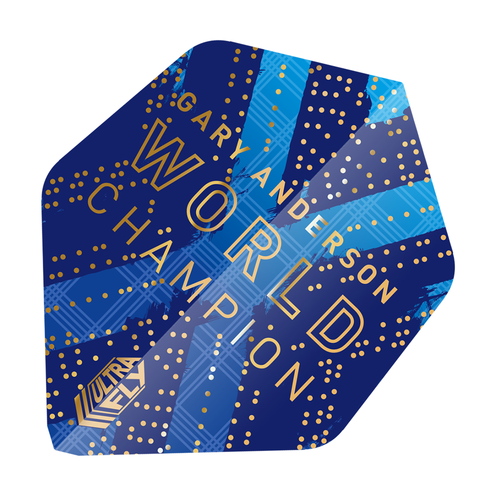 69454_Unicorn_World_Champion_Gary_Anderson_Phase_6_AR2_Flights_2 Das Bild zeigt ein Dart-Flights mit einem blauen Design und goldenen Punkten. Auf dem Flight steht "Gary Anderson World Champion" und das "Ultrafly"-Logo ist ebenfalls sichtbar.
