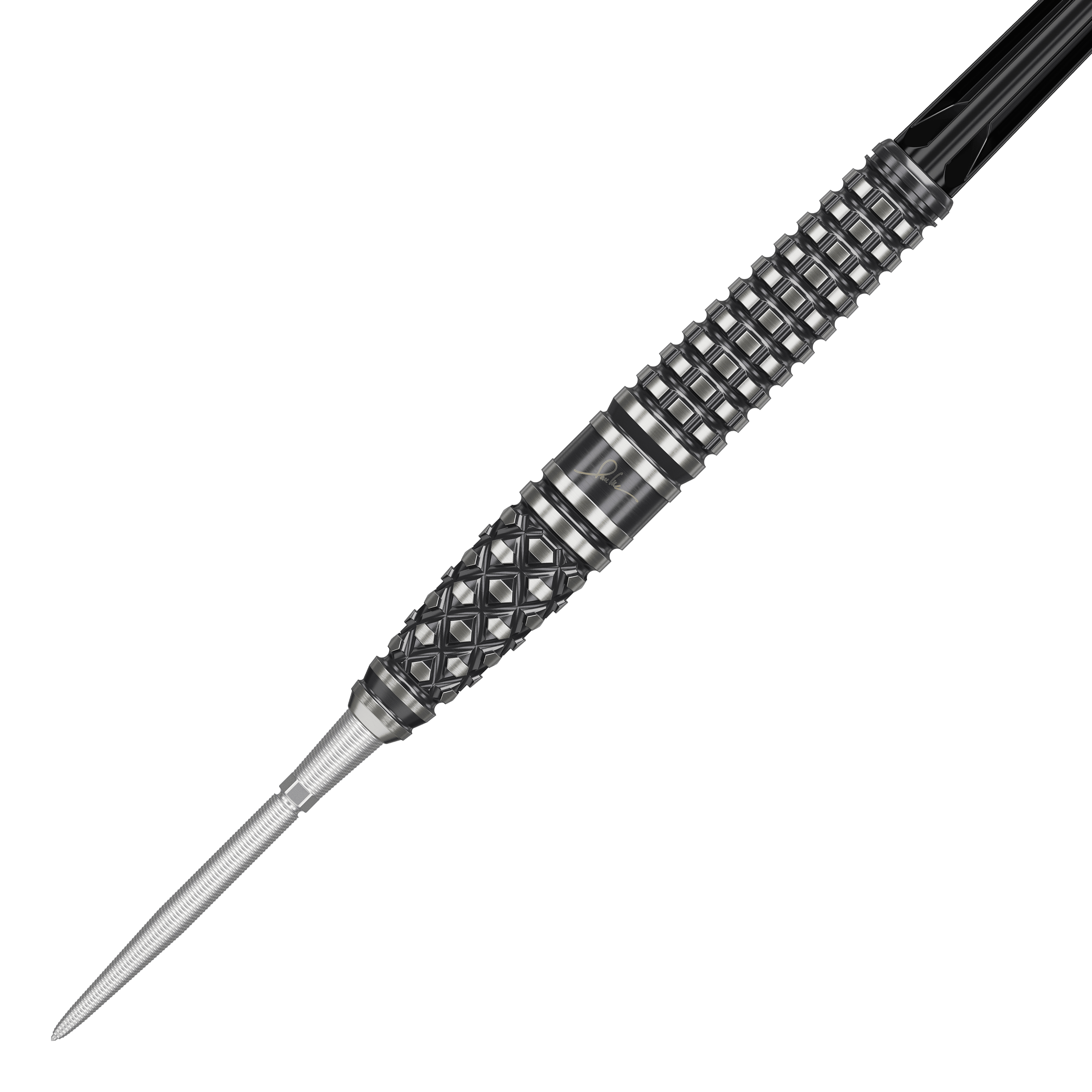 Target Japan Paul Lim The Legend GEN8 Swiss Point Steeldarts - 24g Das Bild zeigt einen Target Japan Paul Lim The Legend GEN8 Swiss Point Steeldart mit 24g Gewicht. Der Dart hat ein detailreiches, strukturiertes Griffdesign in Schwarz und Silber.