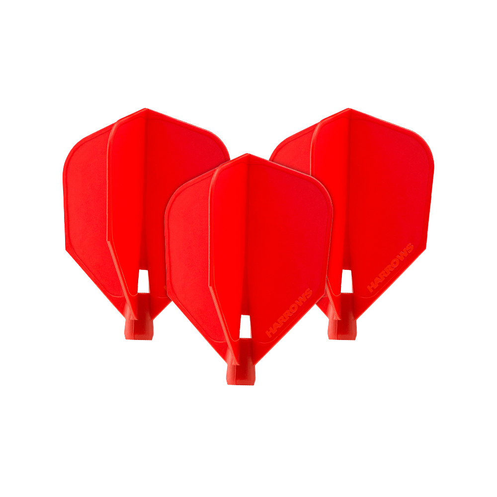 HRC-130_Harrows_Clic_Standard_Flight_Red_1145sI8jB024Qx Das Bild zeigt drei rote Harrows Clic Standard Flights für Dartpfeile. Sie sind nebeneinander angeordnet und haben die typische Standardform.