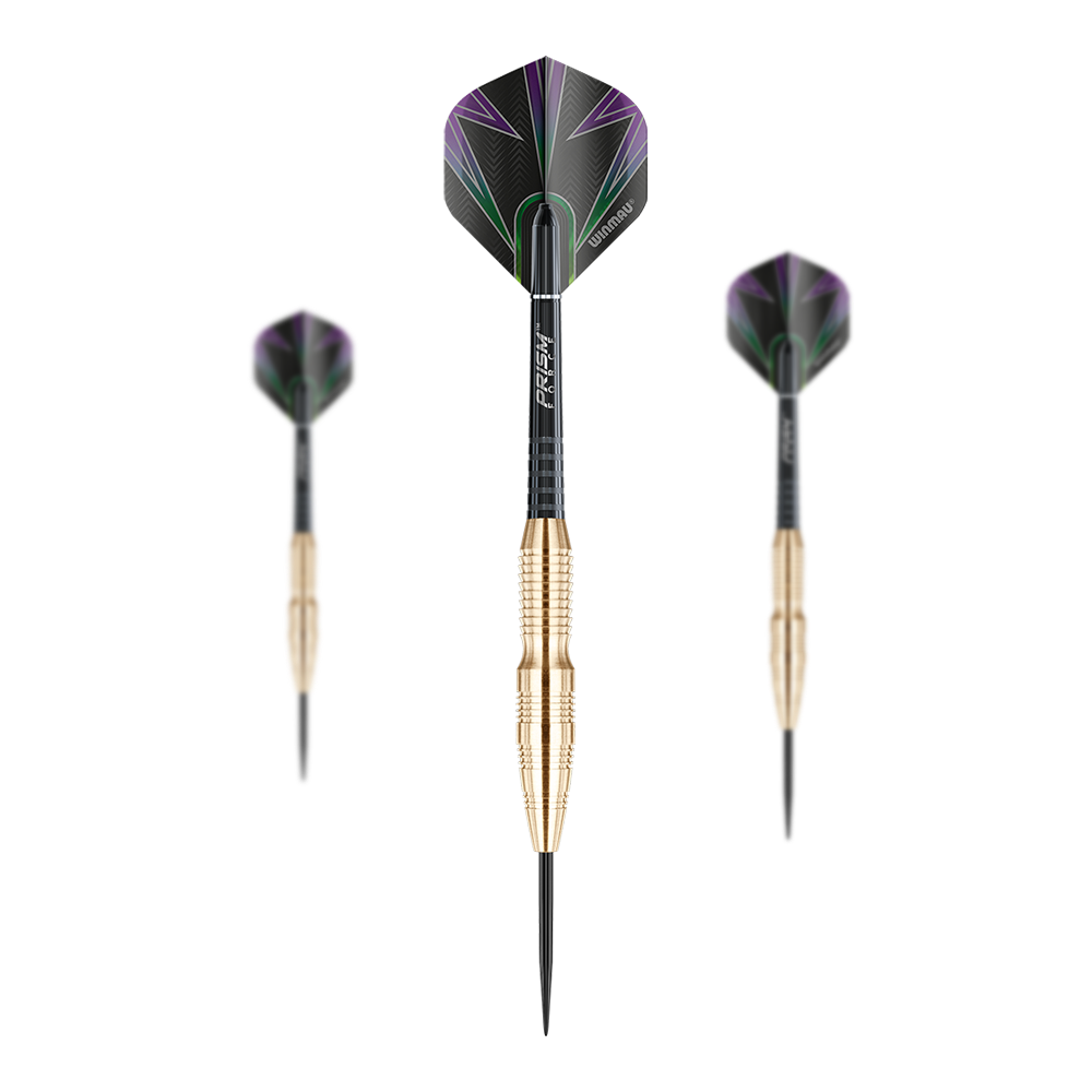 Winmau Simon Whitlock Brass Steeldarts Das Bild zeigt drei Winmau Simon Whitlock Brass Steeldarts. Die Darts haben goldfarbene Griffe und schwarze Flights mit lila und grünen Akzenten.