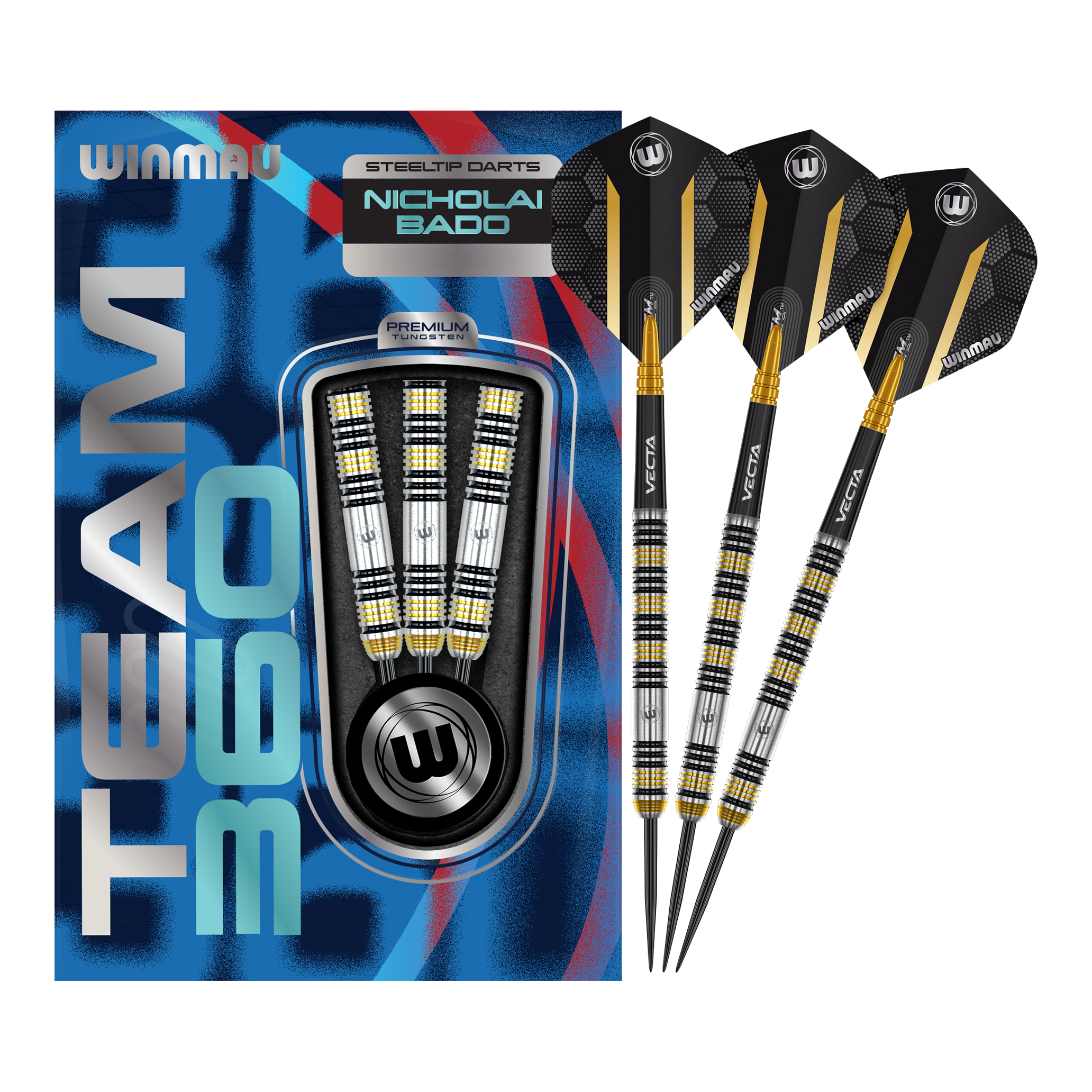 Winmau Team 360 Nicholai Bado Steeldarts - 23g Das Bild zeigt die Winmau Team 360 Nicholai Bado Steeldarts mit 23 Gramm. Diese Darts sind für Präzision und Leistung im Spiel entwickelt.