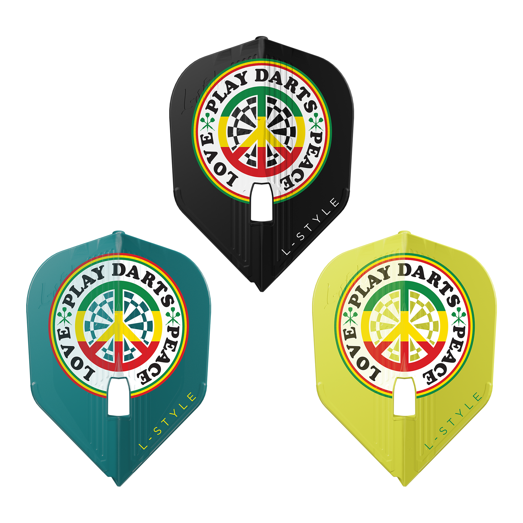 Das Bild zeigt drei bunte Dart-Flights der Marke L-Style mit dem Design "Deta Hedman V4 Mix KAMI". Auf jedem Flight steht "LOVE PLAY DARTS PEACE" um ein Peace-Zeichen mit Dartboard-Muster.