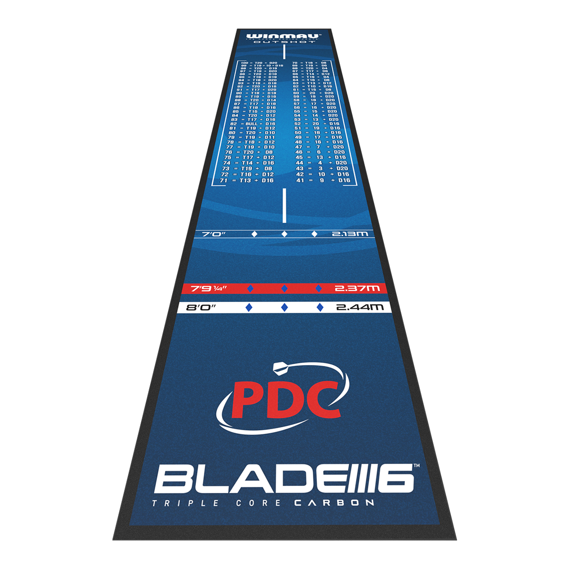 Winmau Outshot Dart Mat Die Abbildung zeigt die Winmau Outshot Dartmatte 2024 in blauem Design. Auf der Matte sind verschiedene Abwurflinien, Checkout-Tabelle und das PDC-Logo abgebildet.