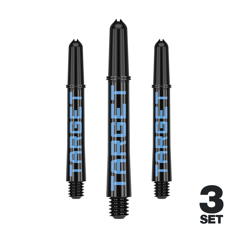 Das Bild zeigt drei schwarze Dartschäfte mit blauer Aufschrift "TARGET". Unten rechts steht "3 SET", was auf ein Set aus drei Stück hinweist.