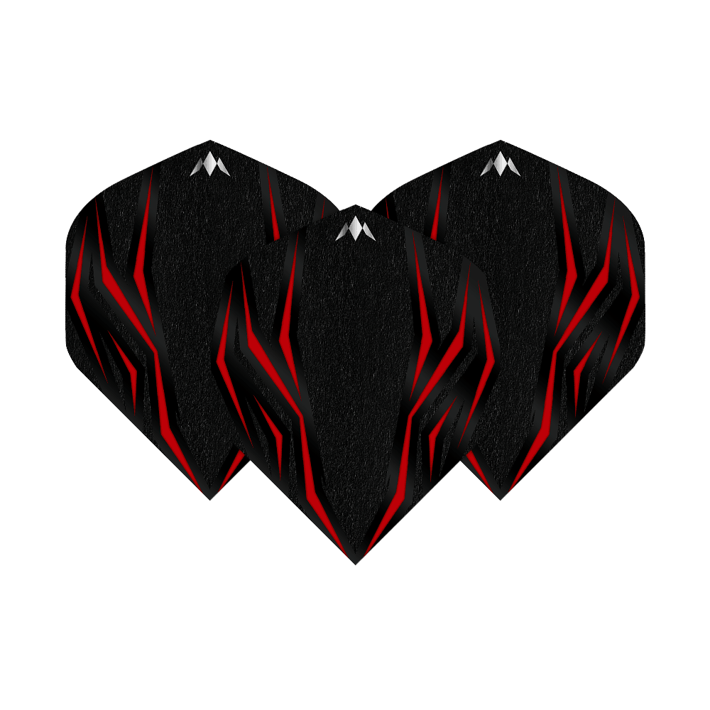 Mission Lava Red No2 Standard Flights Das Bild zeigt drei schwarze Dartflights mit roten, lavaähnlichen Mustern. Die Flights sind das Modell "Mission Lava Red No2 Standard Flights".