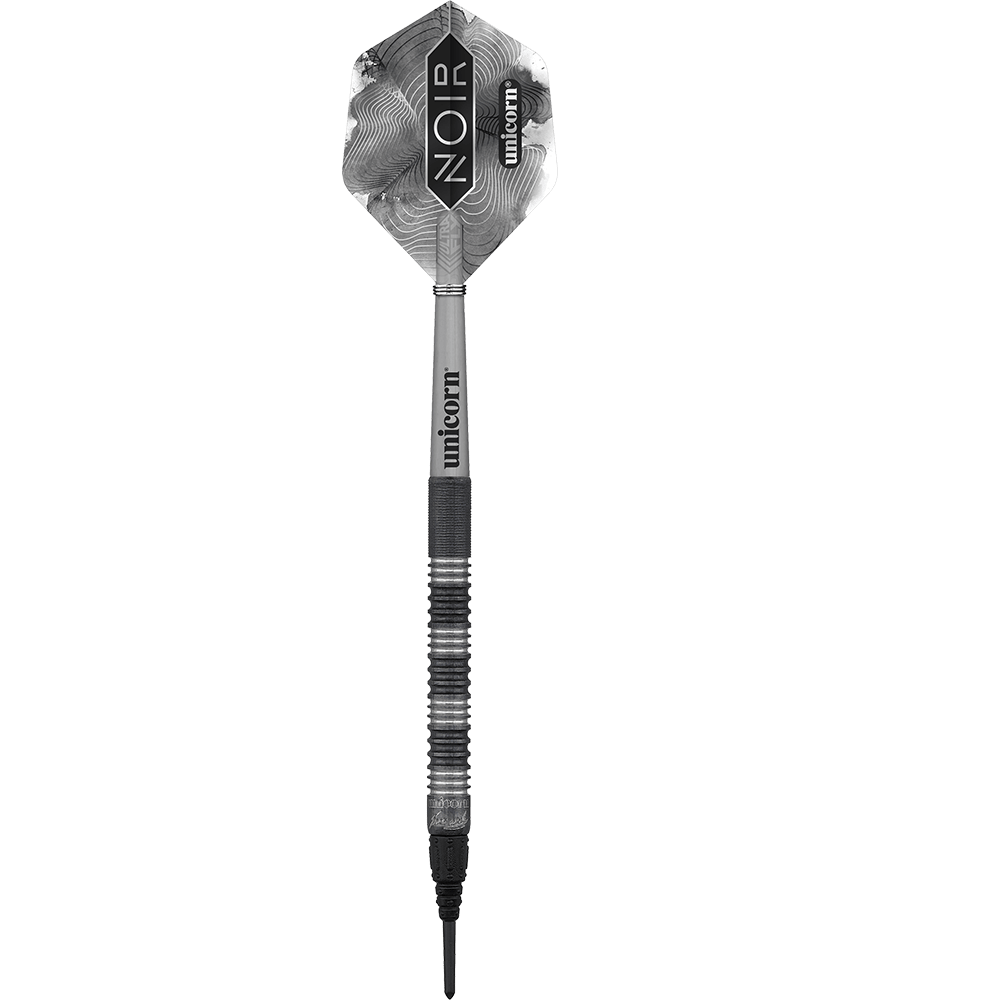 23835_Unicorn_Noir_James_Wade_2022_Softdarts_1mGfeUbAddv9sQ Das Bild zeigt einen schwarzen Softdartpfeil der Marke Unicorn. Auf den Flights steht „NOIR“ und „unicorn“.
