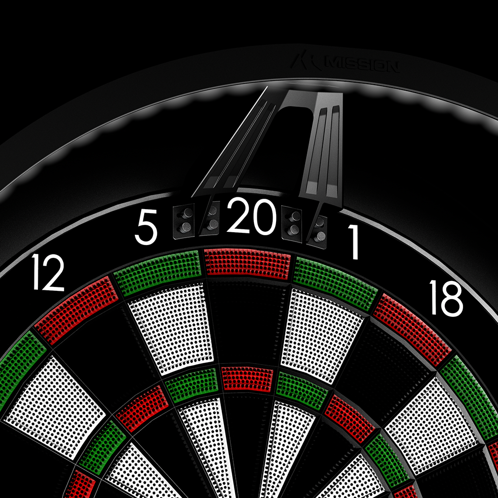Mission Torus ST lighting system for electronic dartboards Das Bild zeigt ein elektronisches Dartboard mit farbigen Segmenten und gut lesbaren Zahlen. Darüber ist das Mission Torus ST Beleuchtungssystem zu sehen, das für eine optimale Ausleuchtung sorgt.