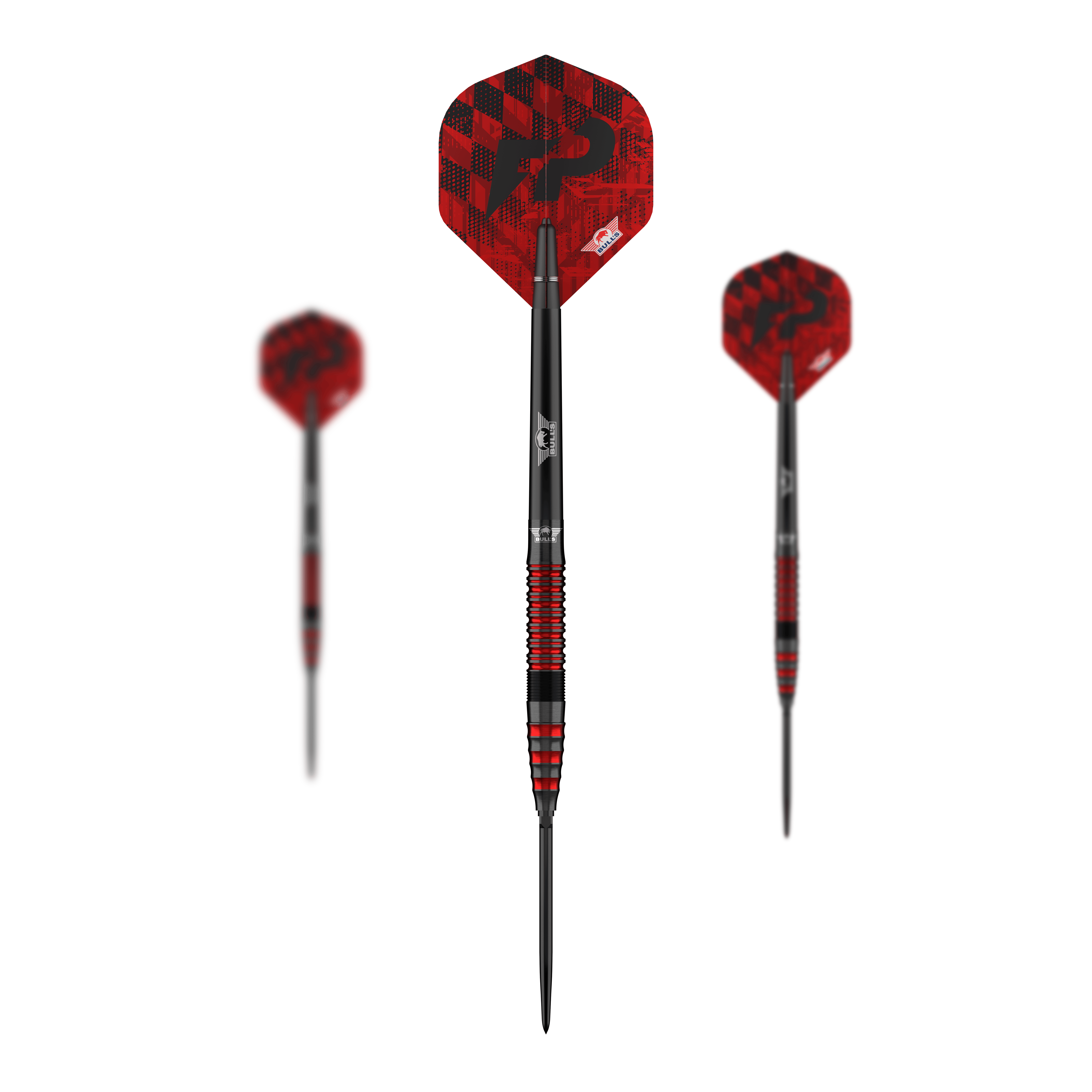 Das Bild zeigt das komplette Set Bulls NL Florian Preis 90 Convertible Point Steeldarts. Die Darts sind silberfarben.