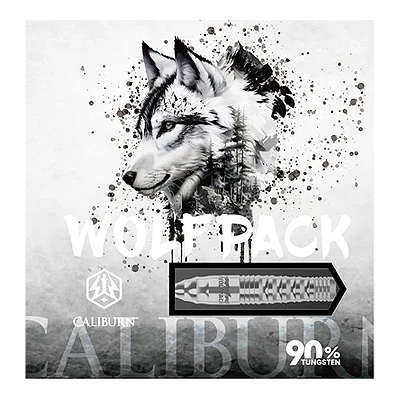 Das Bild zeigt die Verpackung der Caliburn Wolfpack W3 Steeldarts mit einem Wolf als Motiv. Die Darts bestehen zu 90 % aus Tungsten und wiegen 21 Gramm.