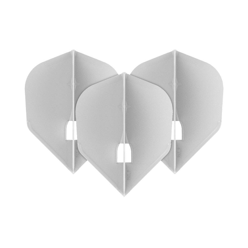 Auf dem Bild sind drei weiße Dart-Flights in einer V-Form angeordnet. Die Flights haben jeweils eine leicht durchsichtige Optik und eine standardisierte Pfeilform.