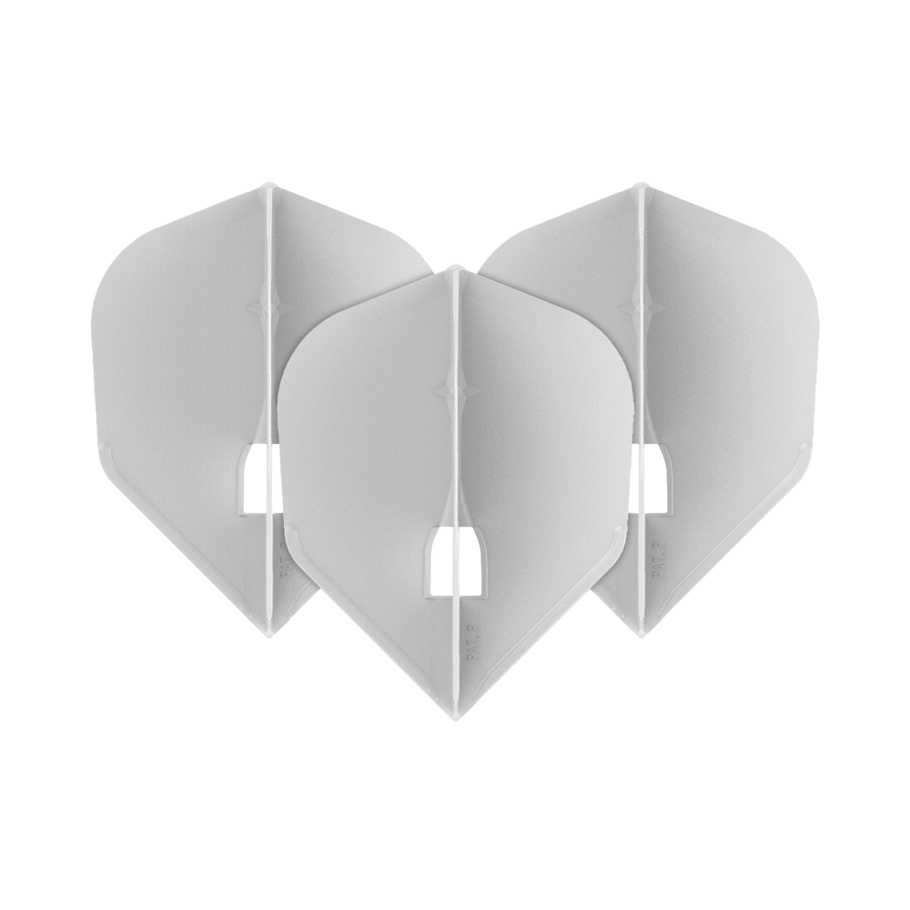 L-Style Flights Champagne - L3PRO Shape Auf dem Bild sind drei weiße Dart-Flights in einer V-Form angeordnet. Die Flights haben jeweils eine leicht durchsichtige Optik und eine standardisierte Pfeilform.