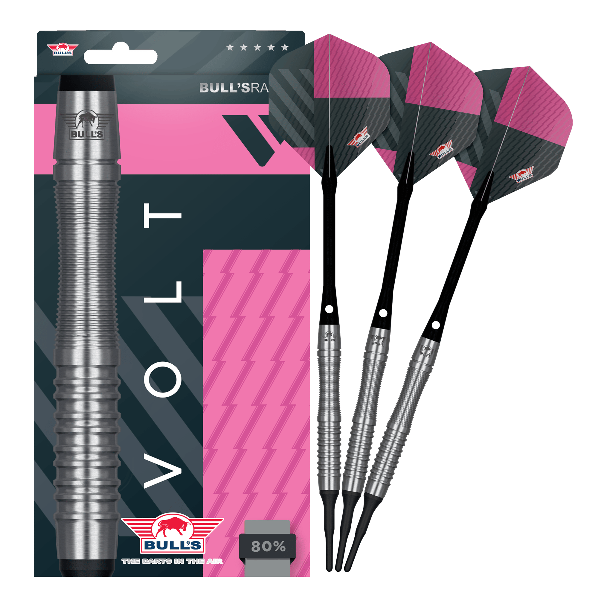 Abgebildet wird das komplette Set Bulls NL Volt Pink Softdarts - 19g. Die Darts sind stylisch designt.