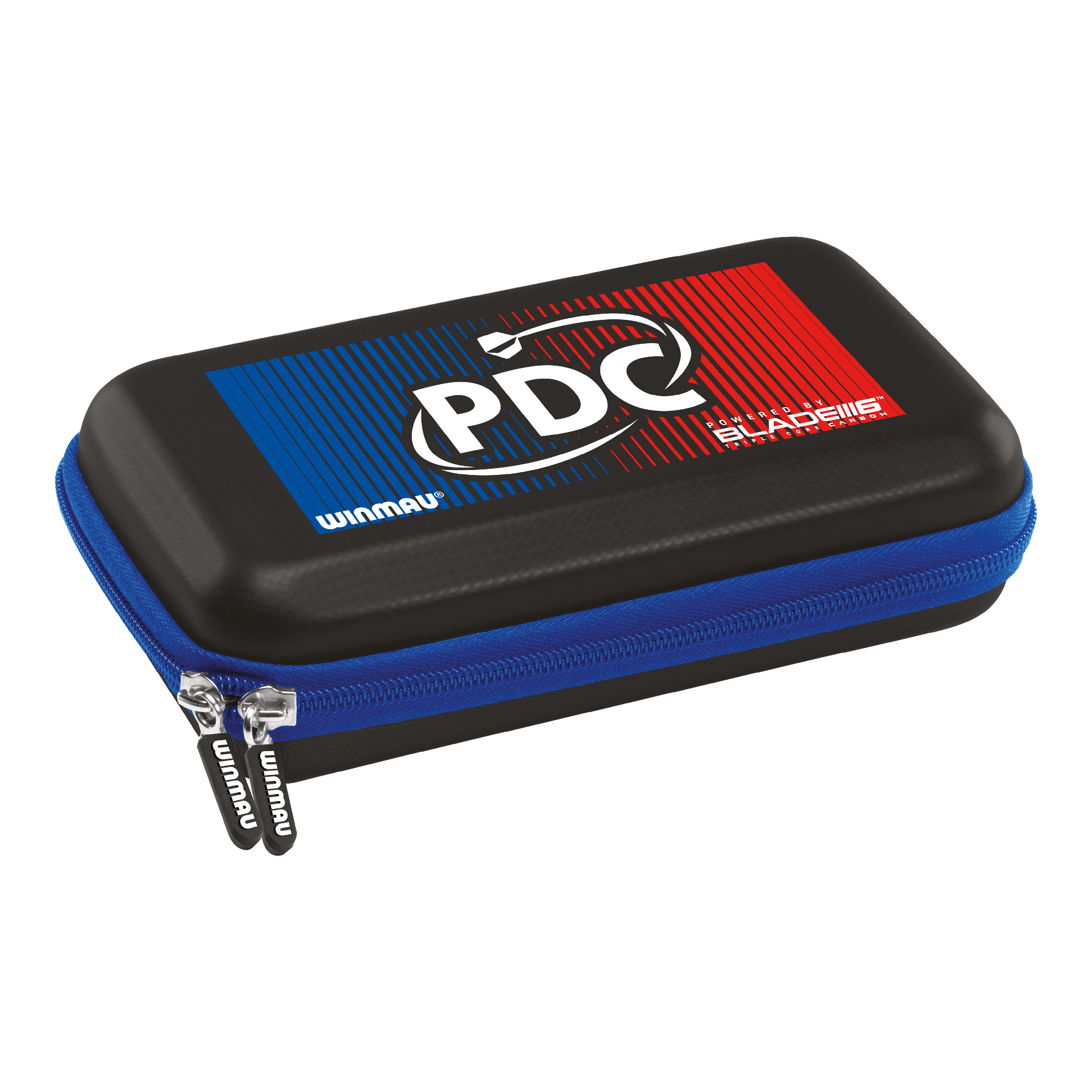 Winmau PDC Dartcase Das Bild zeigt ein Winmau PDC Dartcase mit einem auffälligen blauen und roten Design auf dem Deckel. Das Etui hat einen blauen Reißverschluss und bietet Schutz für Dart-Zubehör.