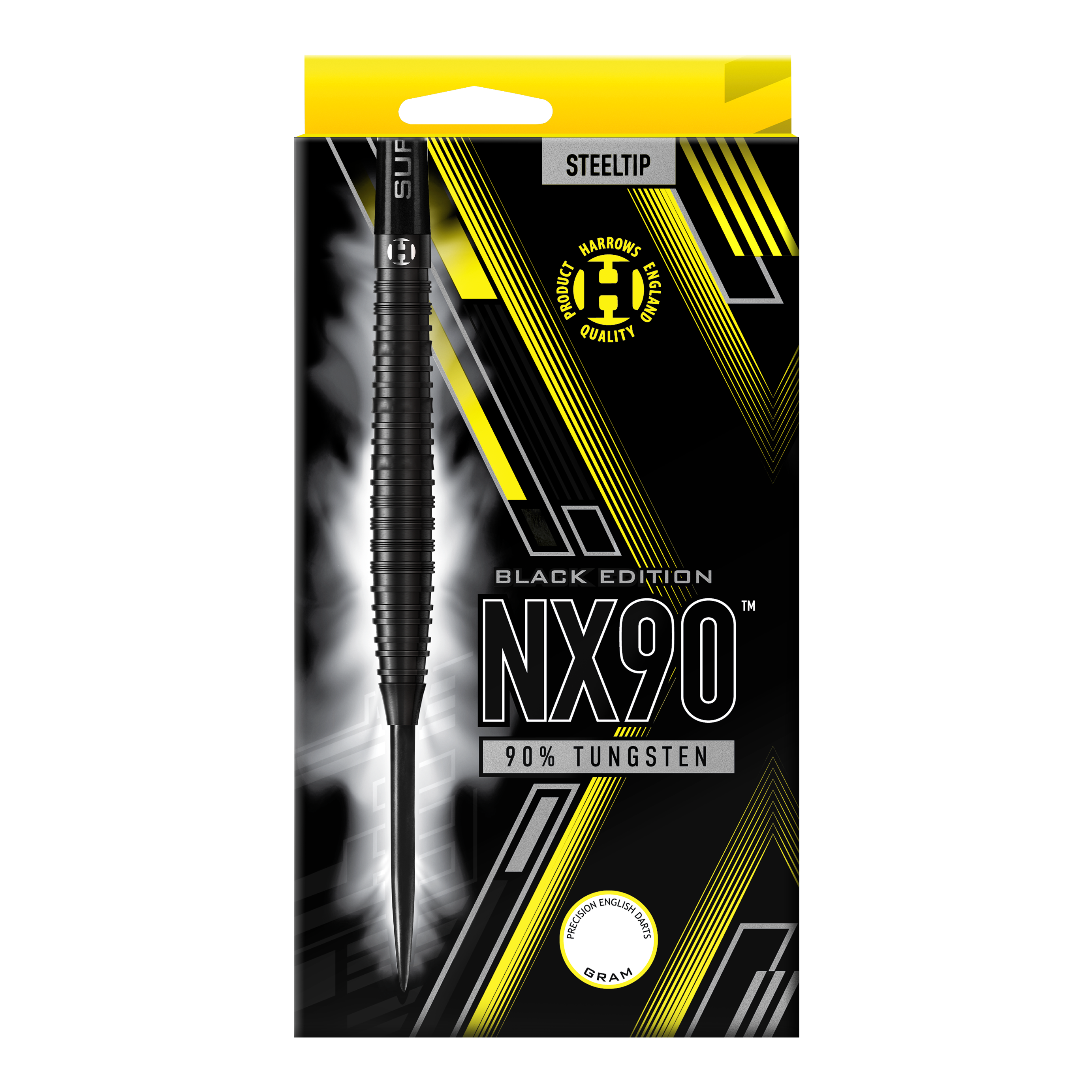 Harrows NX90 Black Edition steel darts Die Abbildung zeigt die Verpackung der "Harrows NX90 Black-Edition Steeldarts". Auf der Packung steht, dass die Darts aus 90% Tungsten bestehen.