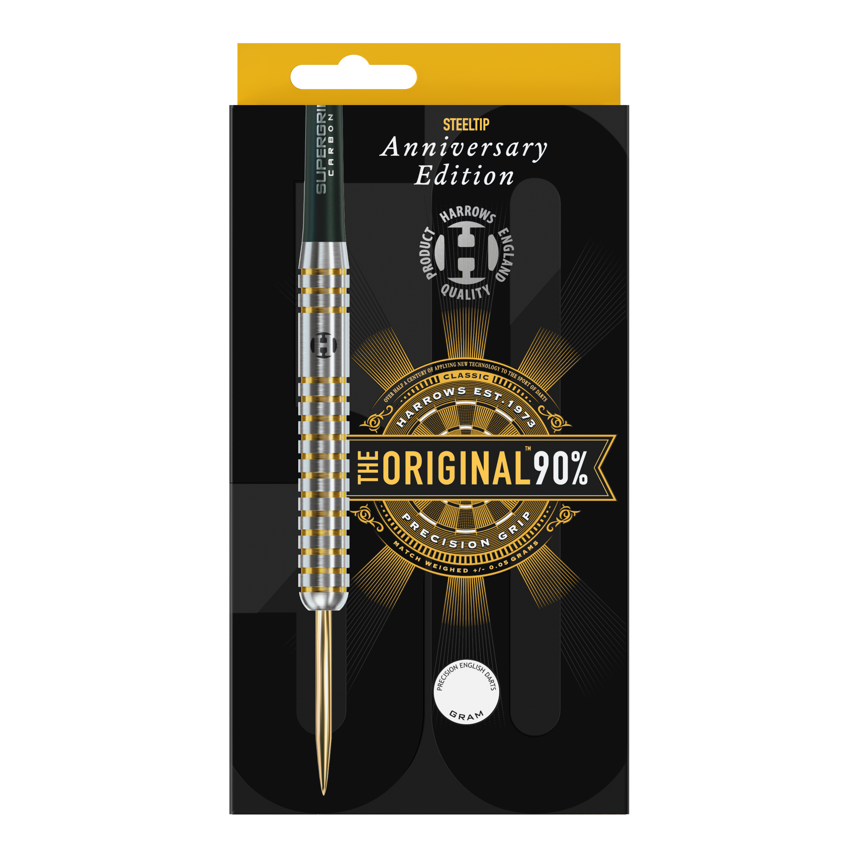 Harrows Anniversary Edition The Original Steeldarts Auf dem Bild ist eine Packung mit einem Steeldart der Marke Harrows zu sehen. Die Verpackung zeigt die Aufschrift „Anniversary Edition“ und „The Original 90%“.