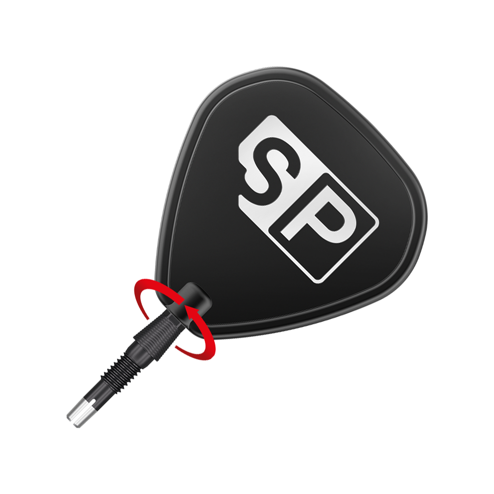 340083_Target_Swiss_Storm_Nano_Point_Dartspitzen_Schwarz_3_SP Das Bild zeigt eine schwarze Dartspitze mit dem Aufdruck "SP". Ein roter Pfeil deutet auf eine Drehbewegung am unteren Teil der Spitze hin.