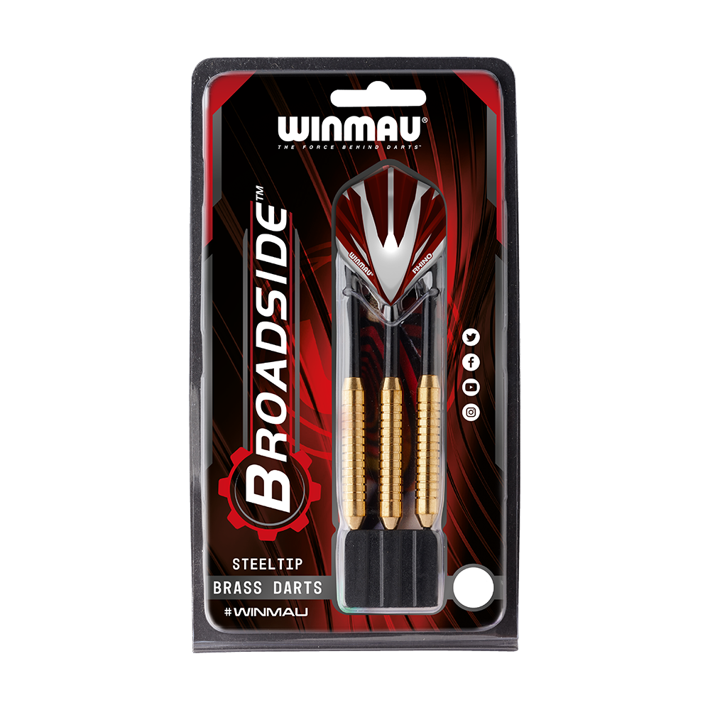 1225-22_Winmau_Broadside_Brass_Steeldarts_3 Das Bild zeigt eine Packung Winmau Broadside Brass Steeldarts mit einem Gewicht von 22g. In der Verpackung sind drei Darts mit messingfarbenen Schäften zu sehen.