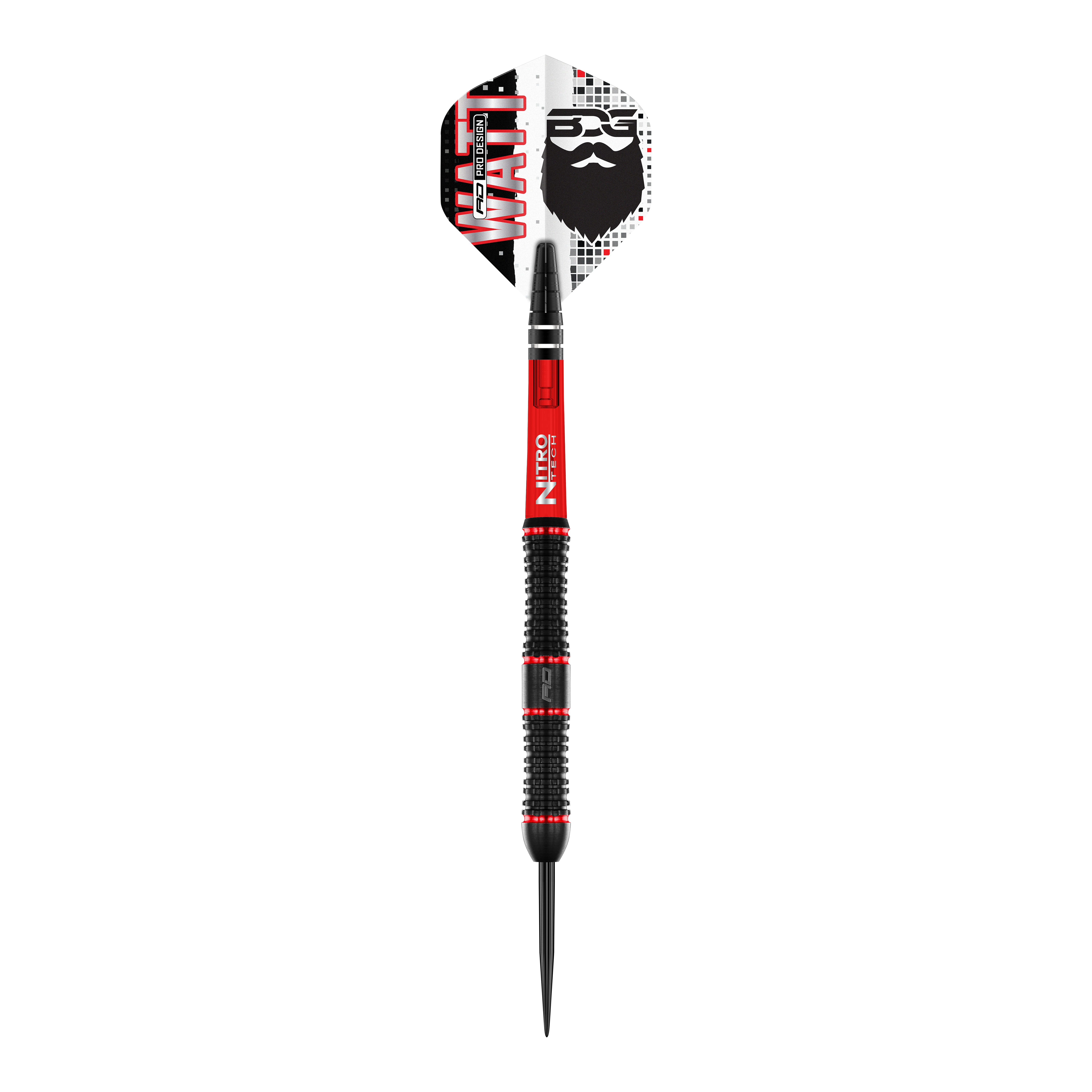 Red Dragon Jason Watt Steel Darts - 22g Das Bild zeigt den "Red Dragon Jason Watt Steeldart - 22g". Der Dartpfeil hat ein auffälliges Design in Schwarz, Rot und Weiß mit dem Namen „Watt“ und einem Bartmotiv auf der Flights.