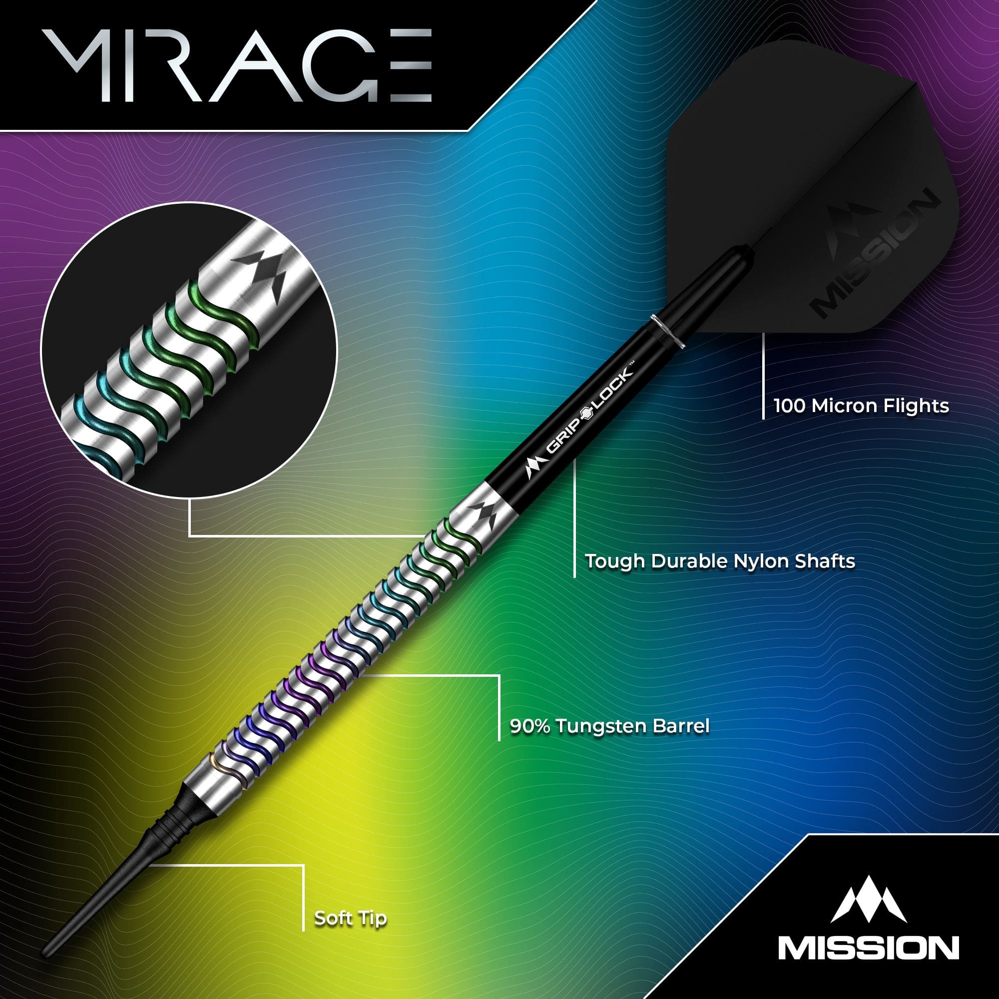 Hier sieht man die Mission Mirage Softdarts - 20g. Die Darts werden aus einer seitlichen Perspektive präsentiert.